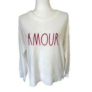 RAE DUNN Long Sleeve Sweater Size Medium Ivory Soft and Cozy Amour Spell Out
